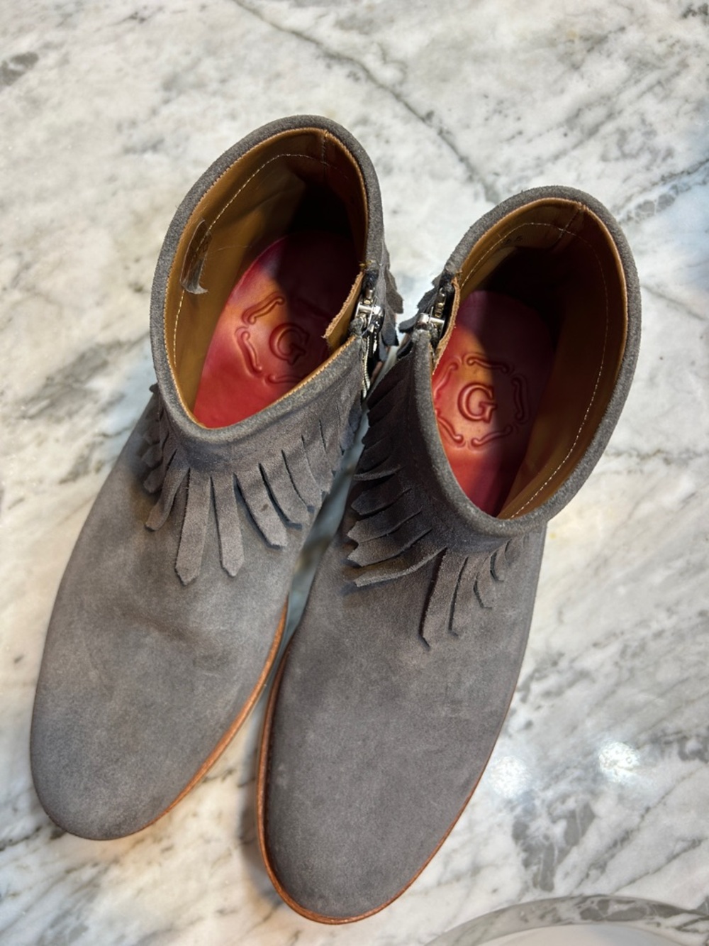 Grenson Gray Suede Fringe Ankle Boots with Red Insole